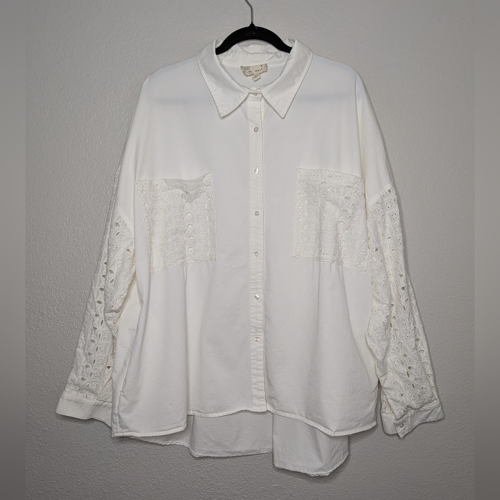 Oli & Hali White Oversized Button Down Guipure Lace Eyelet Garden Preppy Top L